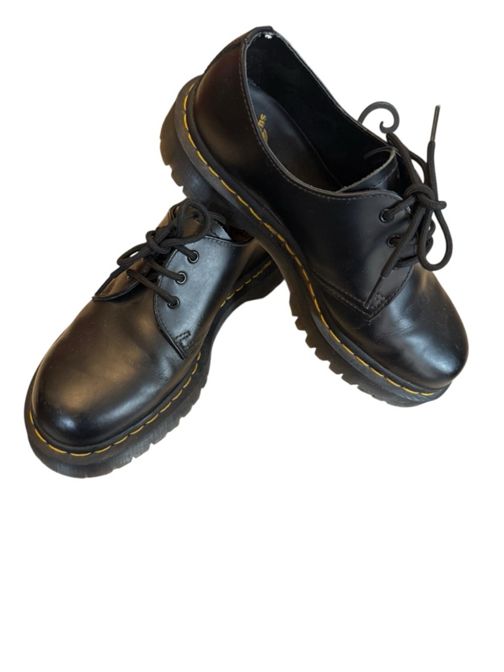 Dr Martens  Men's Black Lace-Up Platform Shoes with Yellow Stitch Detail
